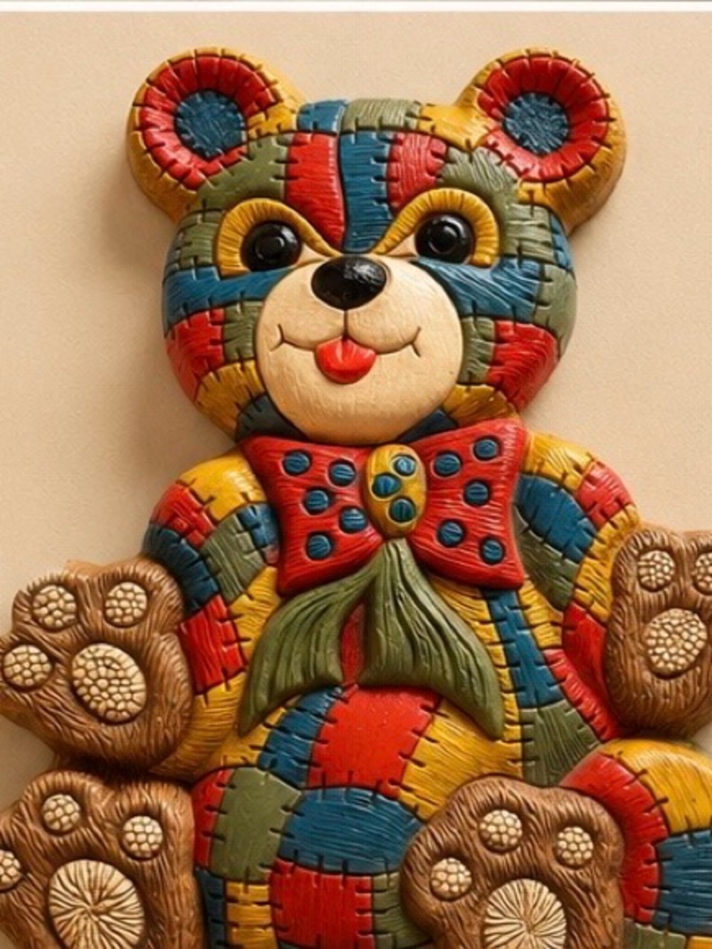 Vintage Home Interiors Multicolor Patchwork Bear Wall Art